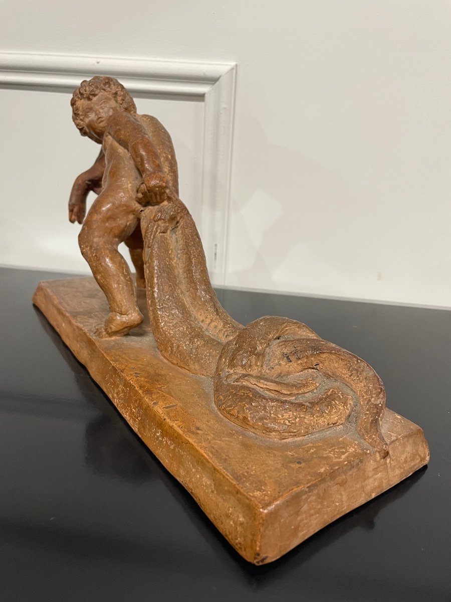 Sylvestre Clerc - Child Pulling A Snake Terracotta Sculpture Susse Frères-photo-1